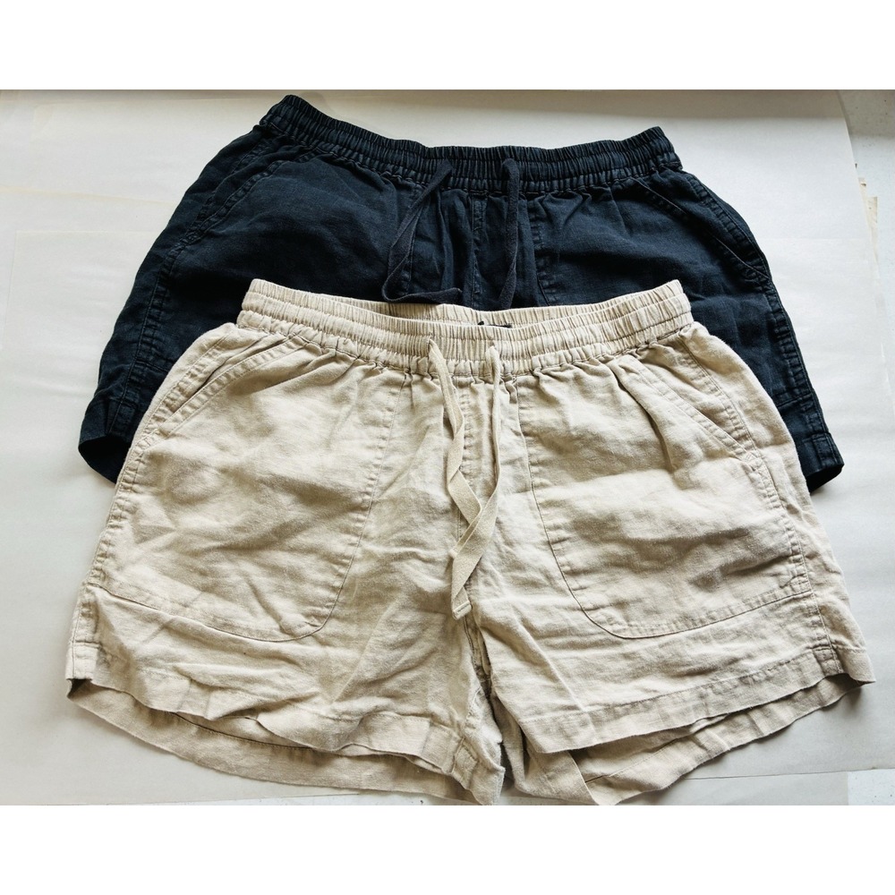 Quince Lot Of 2 100% Linen Shorts Sz Small Oatmeal And Black Pull On Pockets